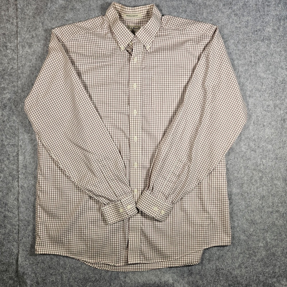 LL Bean Mens White Red Check Wrinkle Resistant Button Down Shirt 0MT78 Sz XL Reg